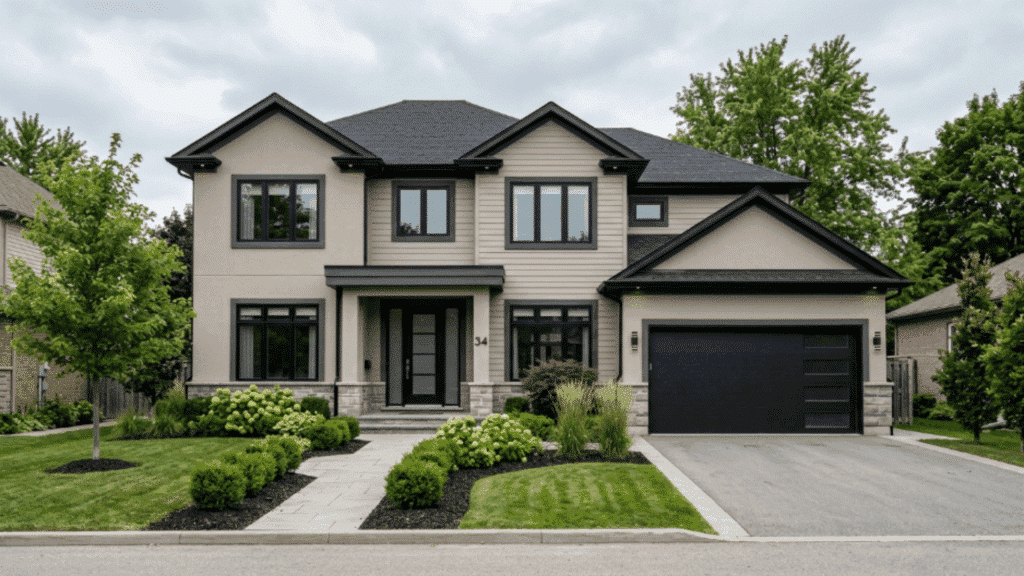 suburban home with light taupe siding charcoal trim black garage door cloudy daylight landscaping