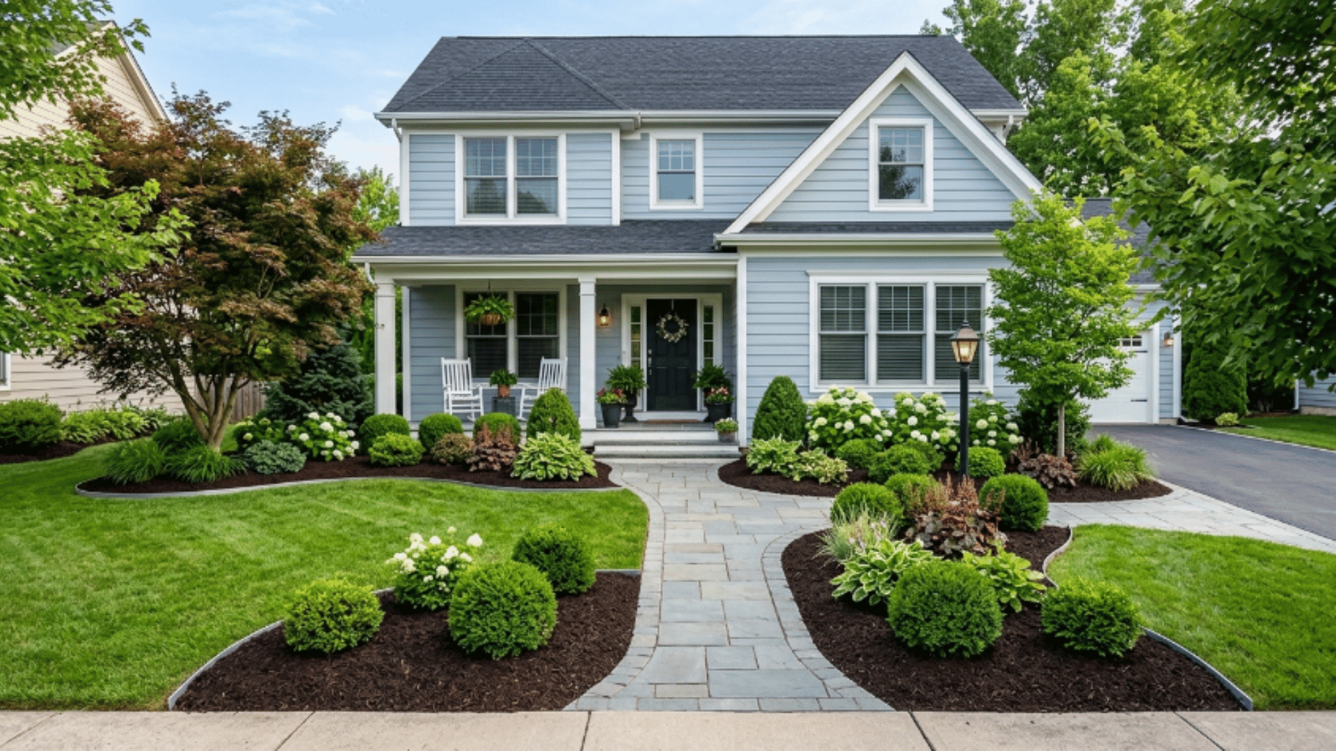 suburban home with neat lawn, mulch beds, trimmed shrubs, and a stone walkway creating a clean and organized front yard