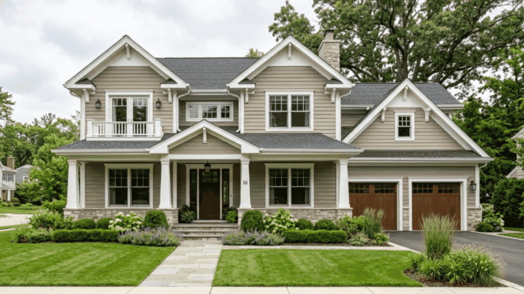suburban home with taupe siding white trim black roof wide lawn modern landscaping cloudy daylight exterior