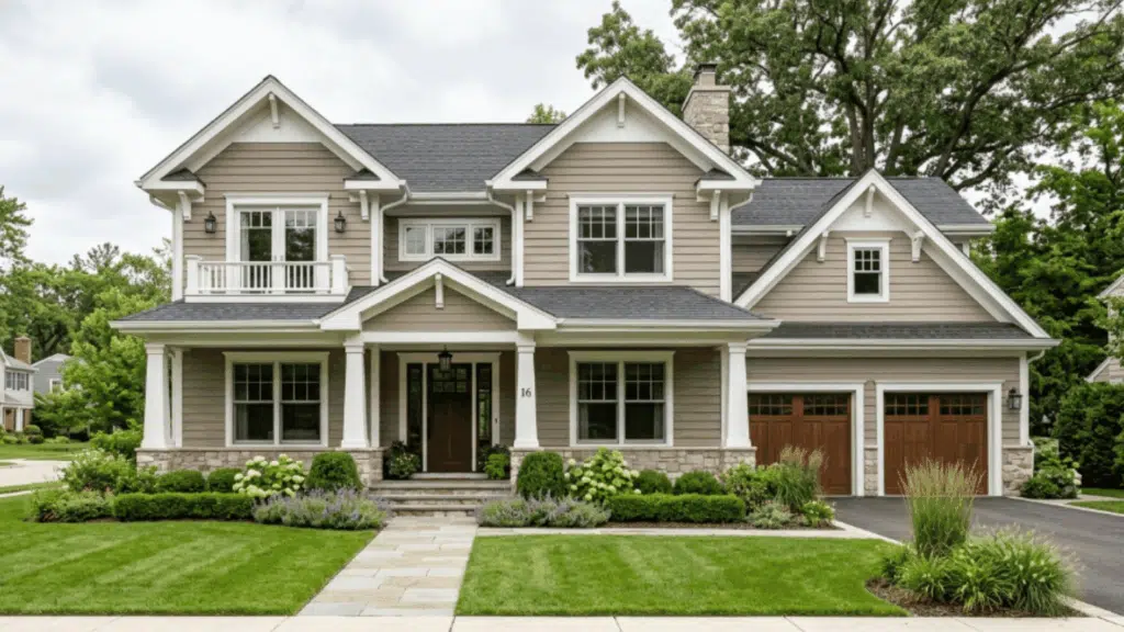 suburban home with taupe siding white trim black roof wide lawn modern landscaping cloudy daylight exterior