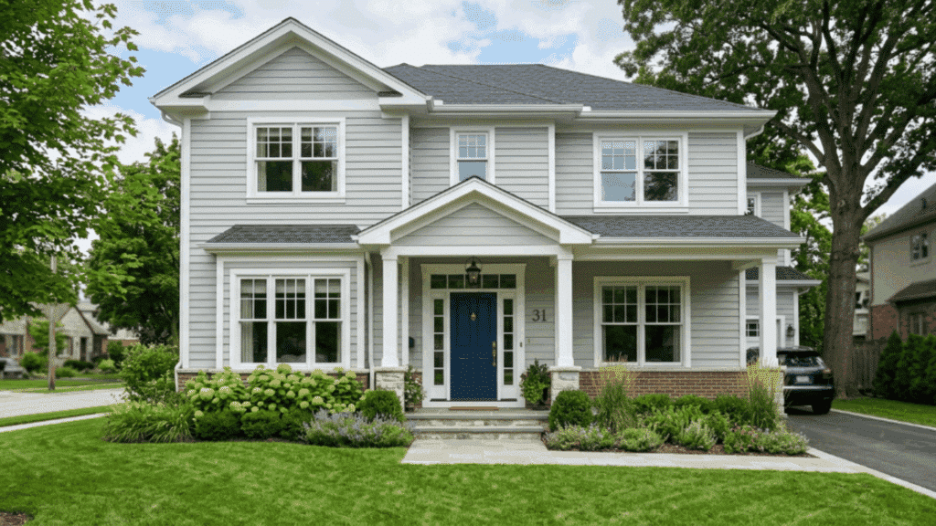 suburban house with pale gray siding navy blue front door white trim green lawn sunny afternoon