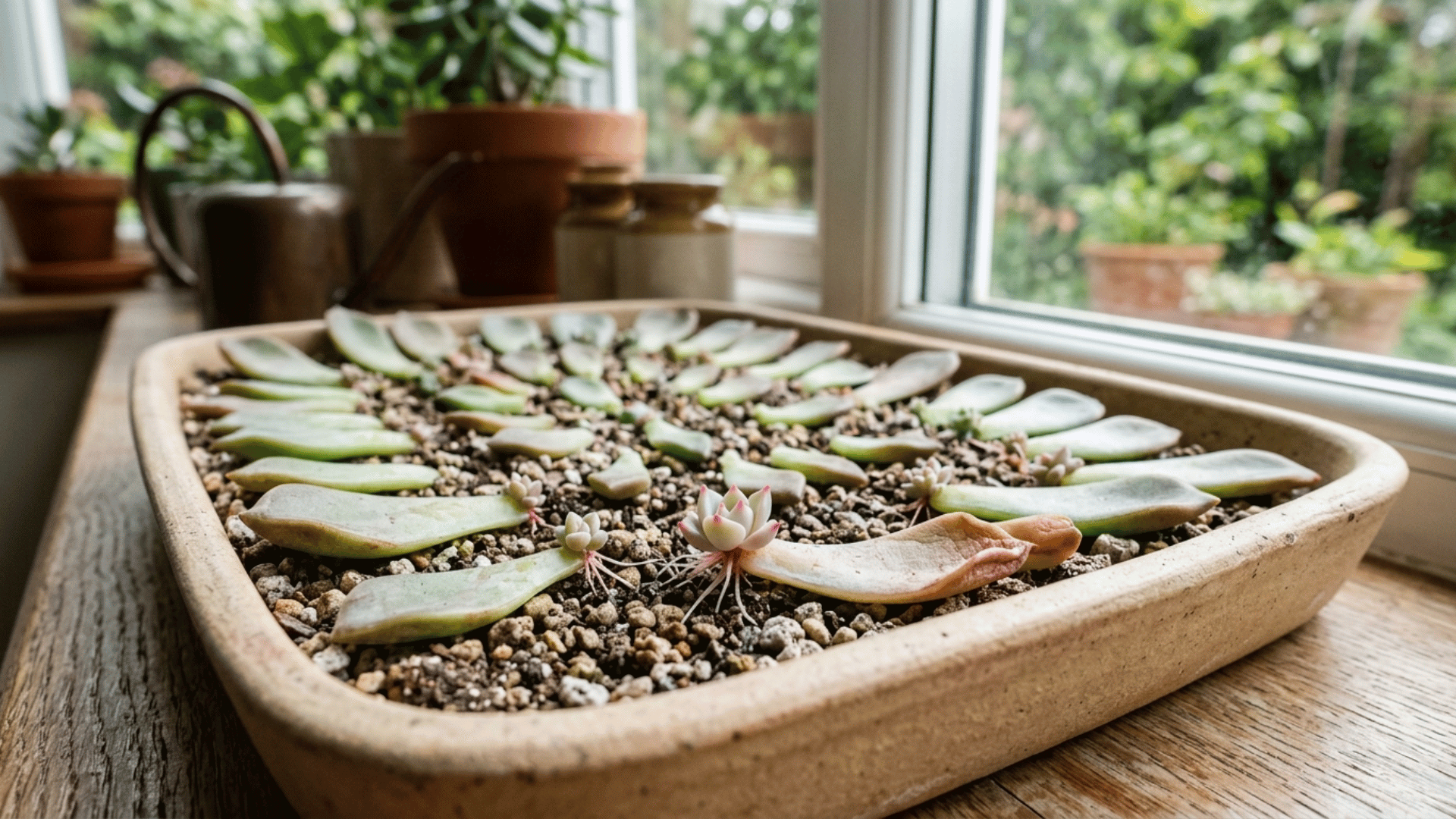 succulent leaves arranged on soil in a tray with tiny new plants forming, placed near a window with soft natural light