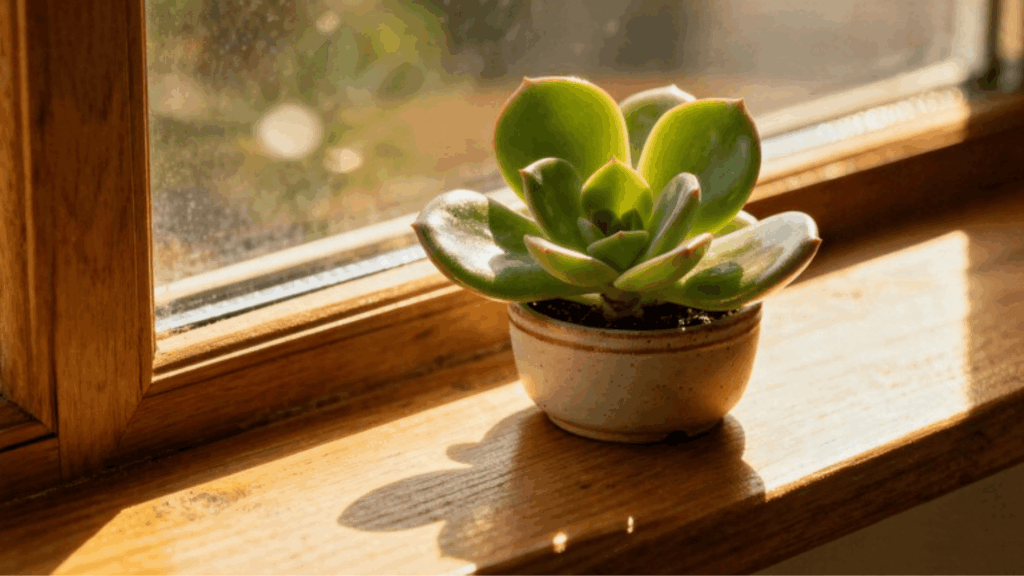 succulent plant in a small pot placed on a sunlit windowsill, with warm natural light highlighting thick green leaves