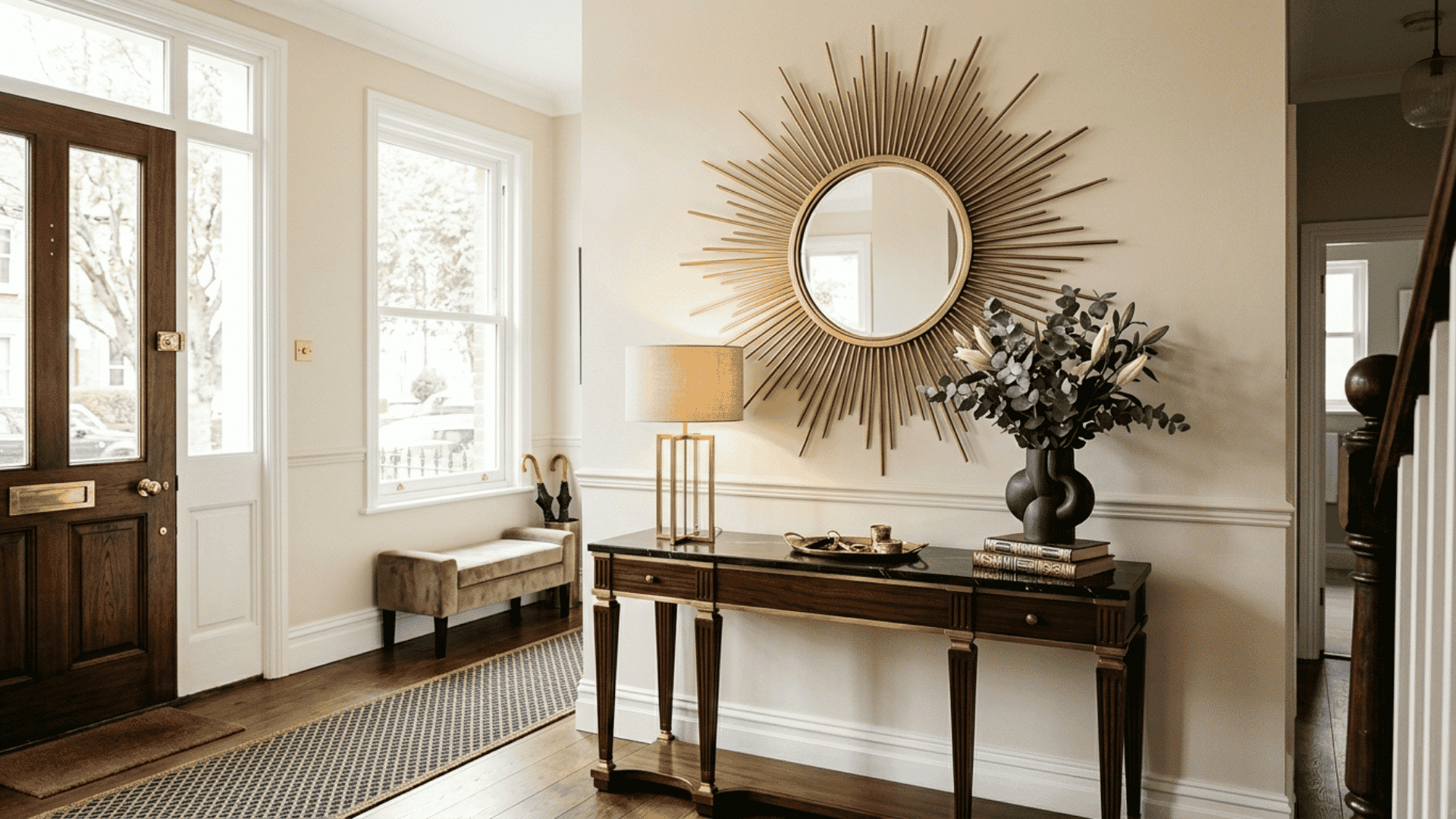 sunburst mirror above console table in entryway with clean layout and natural light in art deco decor style
