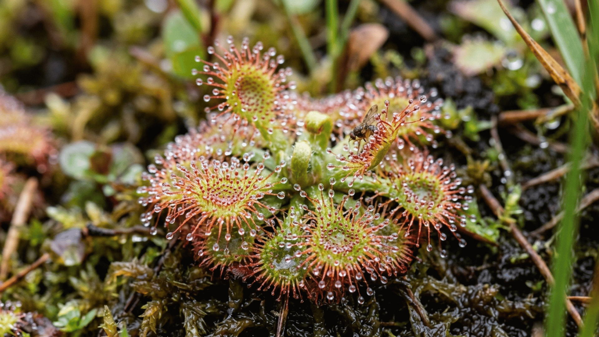 sundew plant with sticky droplets trapping small insect.