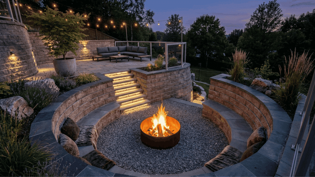sunken fire pit seating area curved stone walls modern backyard terrace string lights cozy outdoor design