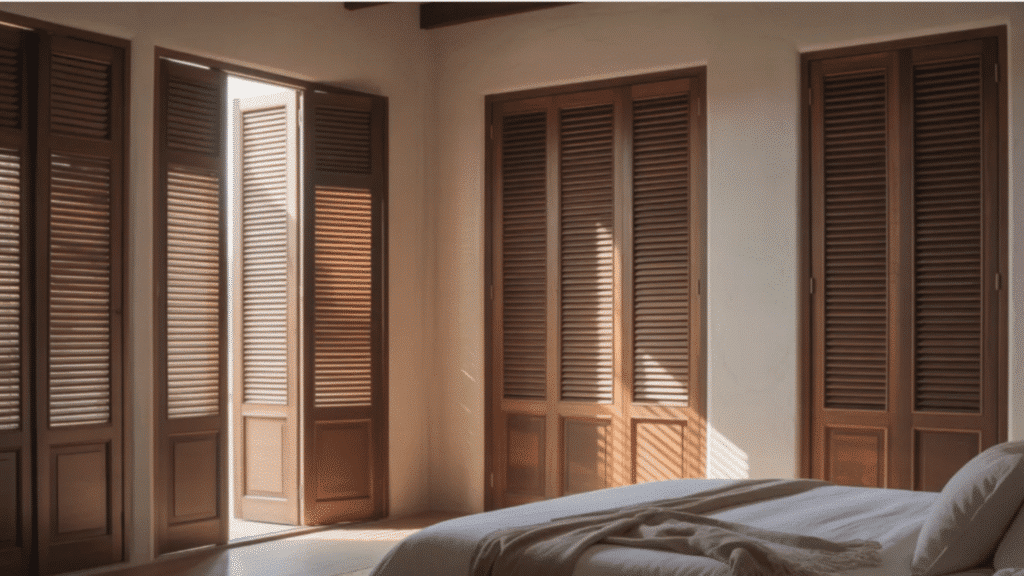 sunlight filters through wooden louvered closet doors in a bedroom, casting soft shadows across the walls and neatly made bed