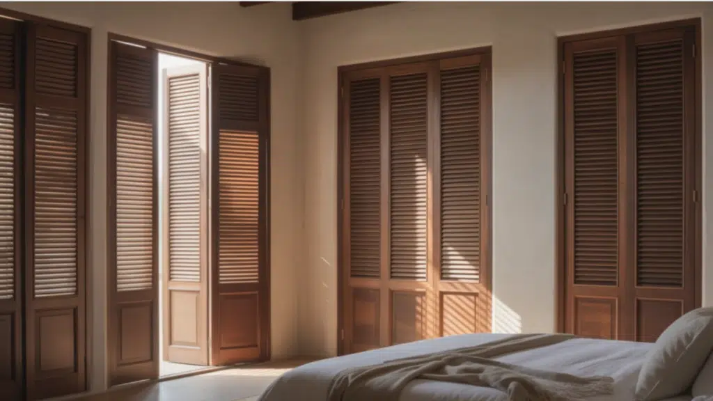 sunlight filters through wooden louvered closet doors in a bedroom, casting soft shadows across the walls and neatly made bed