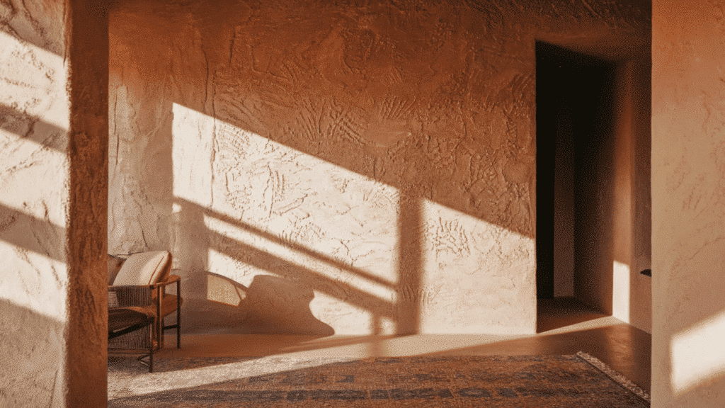 sunlight streaming through a window onto textured stucco walls, with a cozy chair and rug in the corner