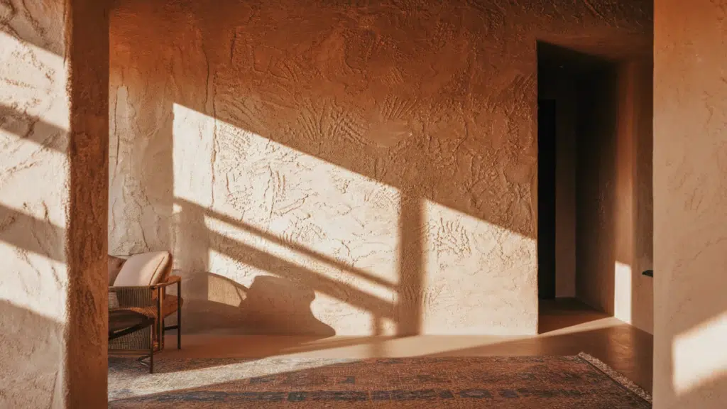 sunlight streaming through a window onto textured stucco walls, with a cozy chair and rug in the corner