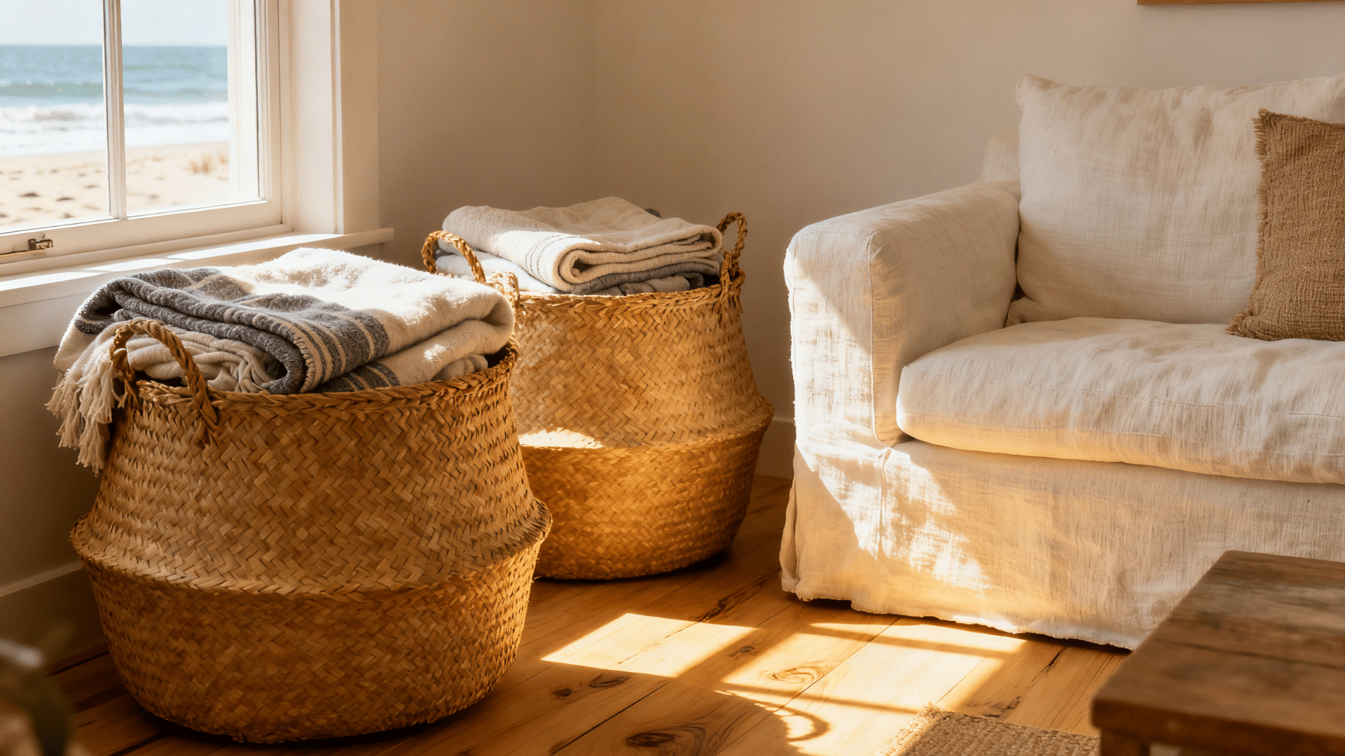 sunlit corner with woven baskets holding folded blankets beside soft armchair near window overlooking beach and ocean outside