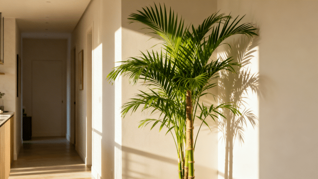 sunlit hallway corner with tall indoor palm plant casting shadows on wall, bright natural light, and minimal modern interior