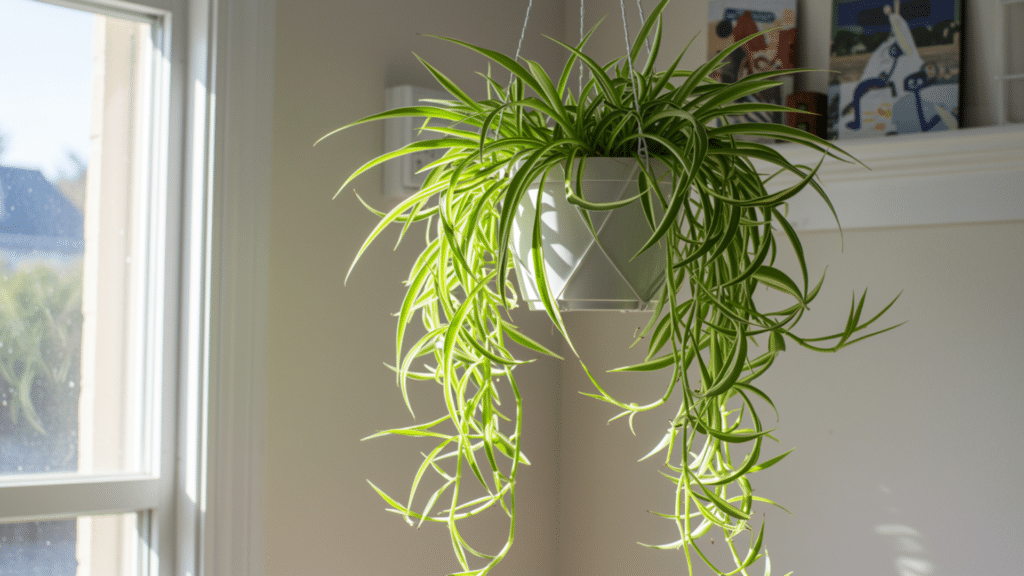 sunlit hanging spider plant in white pot near window, long green leaves cascading, soft indoor light, and blurred artwork in background