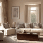 sunlit living room with beige color scheme cream sofa wood table and warm neutral decor