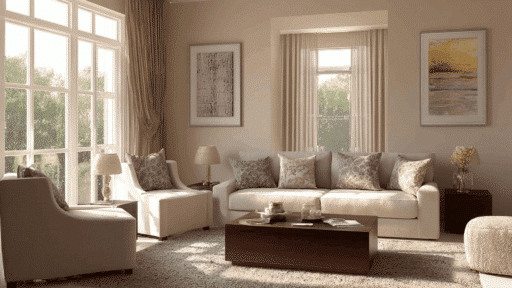 sunlit living room with beige color scheme cream sofa wood table and warm neutral decor