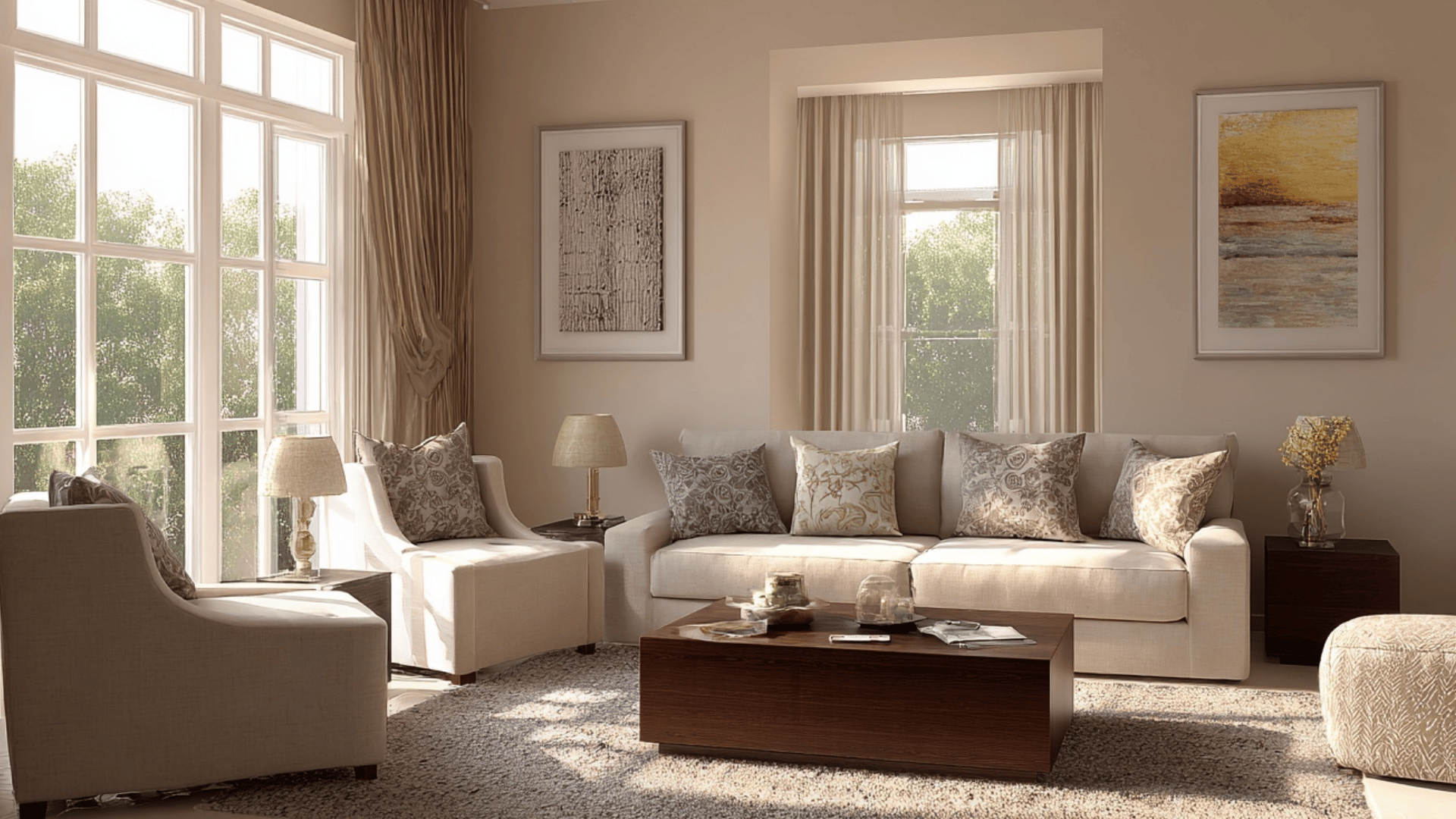 sunlit living room with beige color scheme cream sofa wood table and warm neutral decor