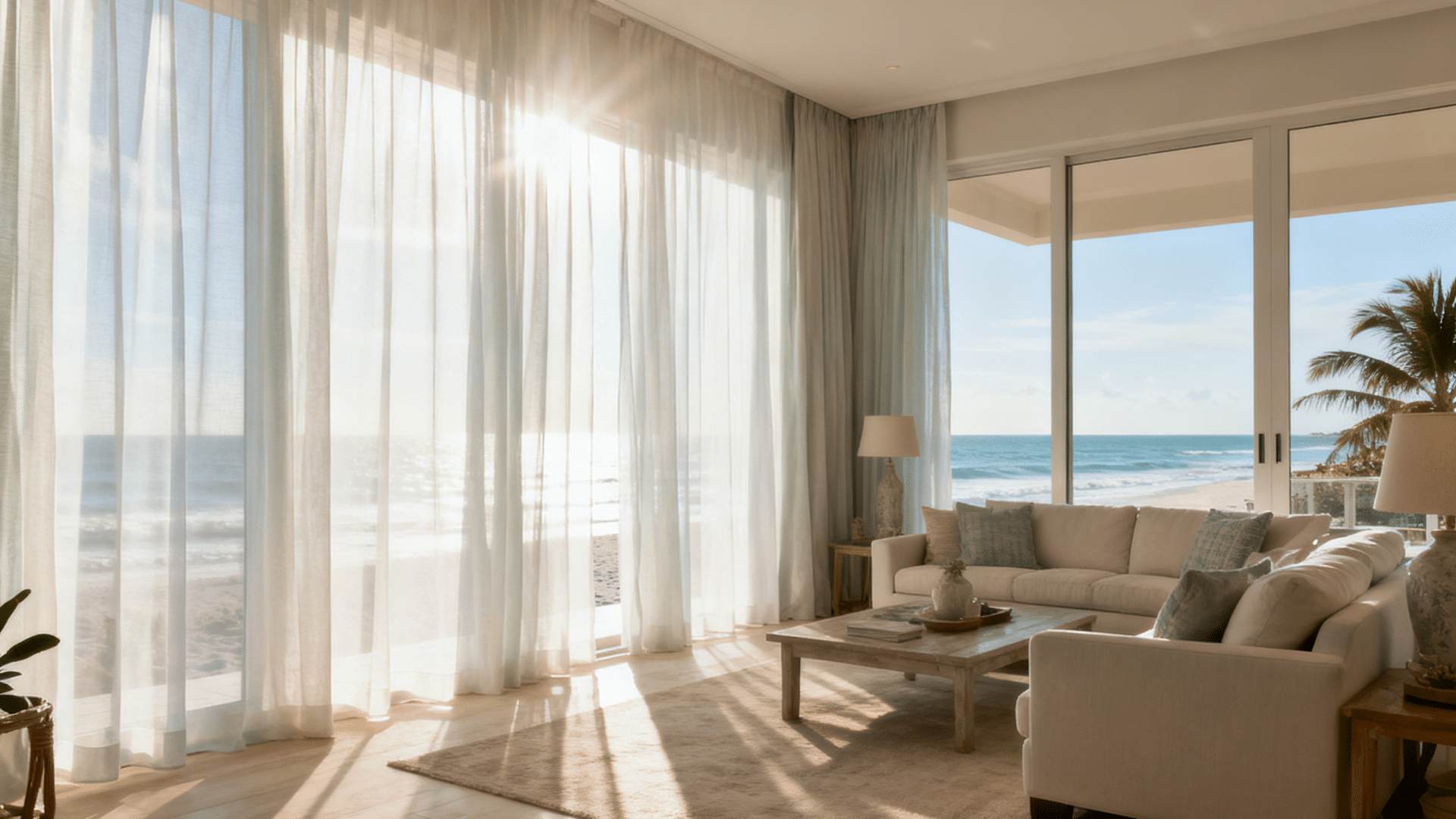 sunlit living room with beige sofa sheer curtains wooden table and ocean view through large glass doors