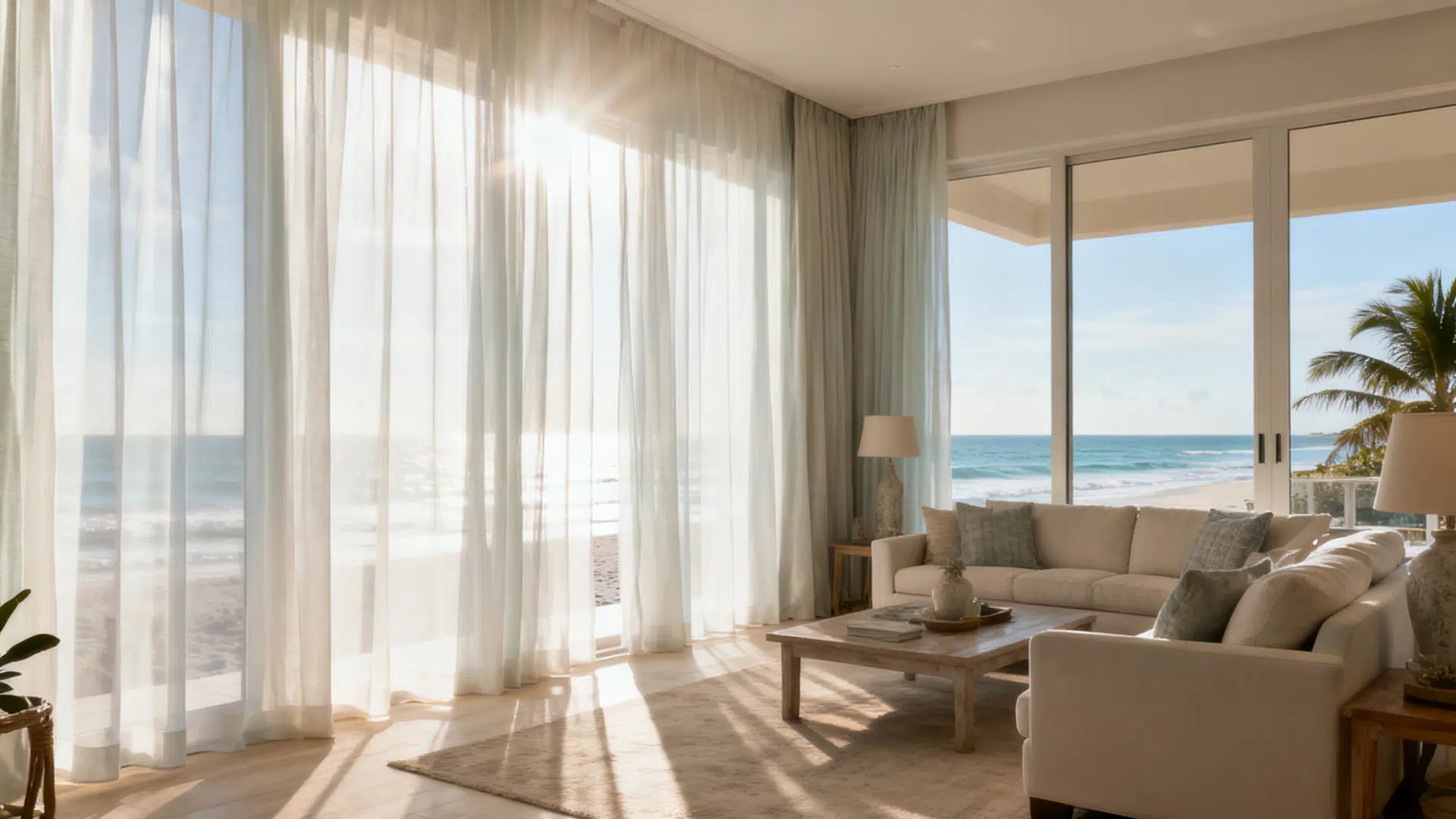 sunlit living room with beige sofa sheer curtains wooden table and ocean view through large glass doors