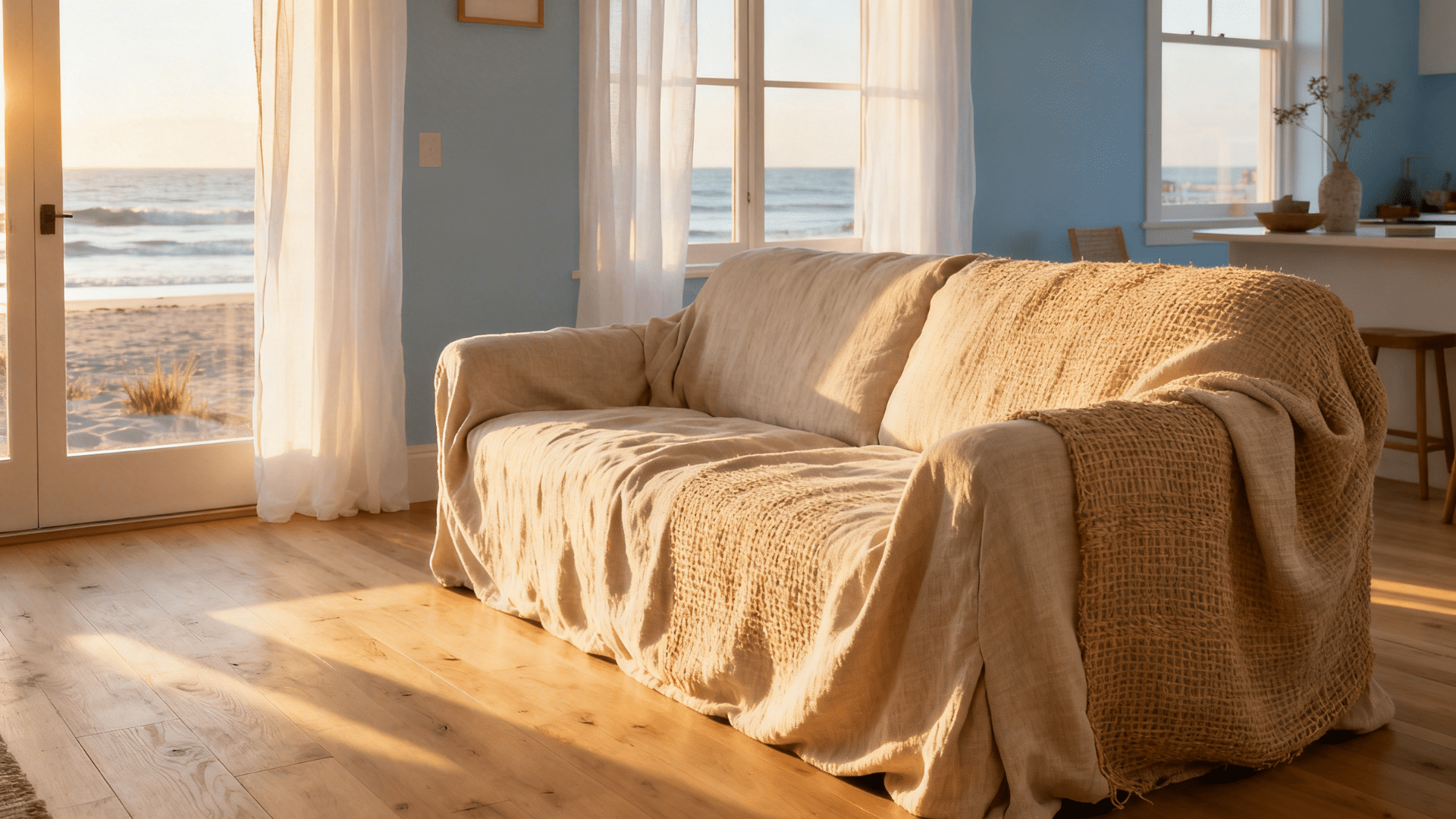 sunlit living room with beige sofa soft throw wooden floor and ocean view through glass doors with sheer curtains
