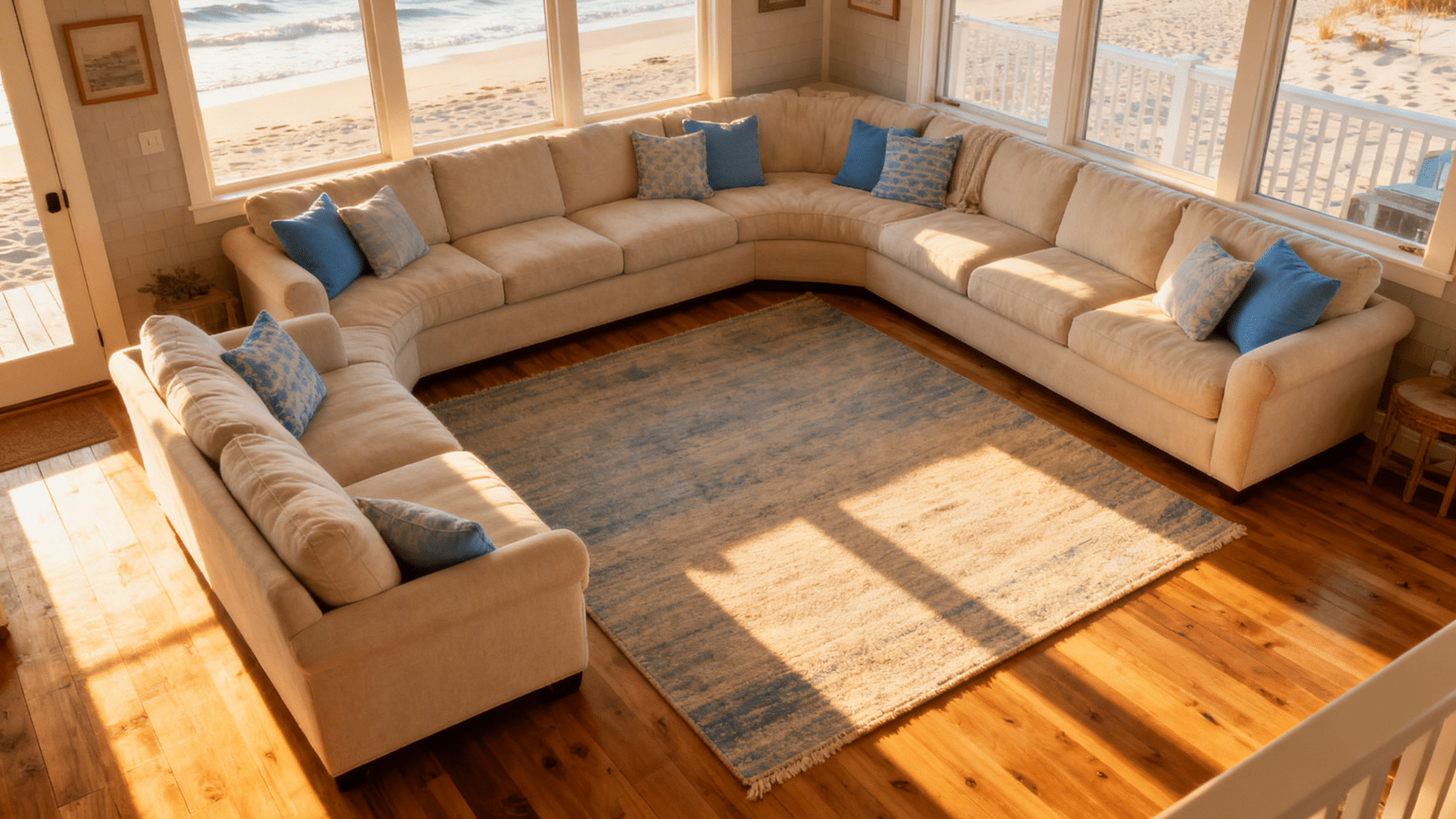 sunlit living room with large sectional sofa and blue pillows arranged around rug near windows overlooking sandy beach and ocean view