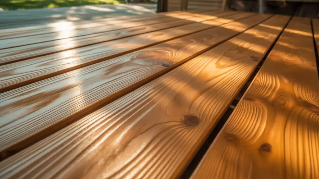 sunlit wood deck with visible grain and light stain