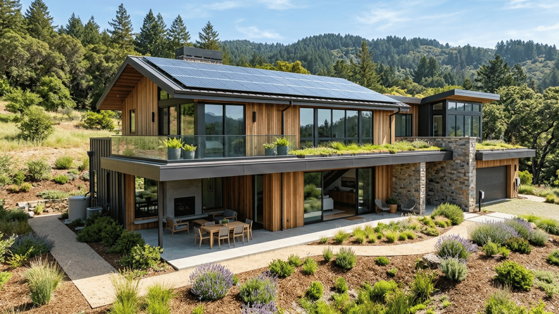 sustainable contemporary home with solar panels and natural surroundings.