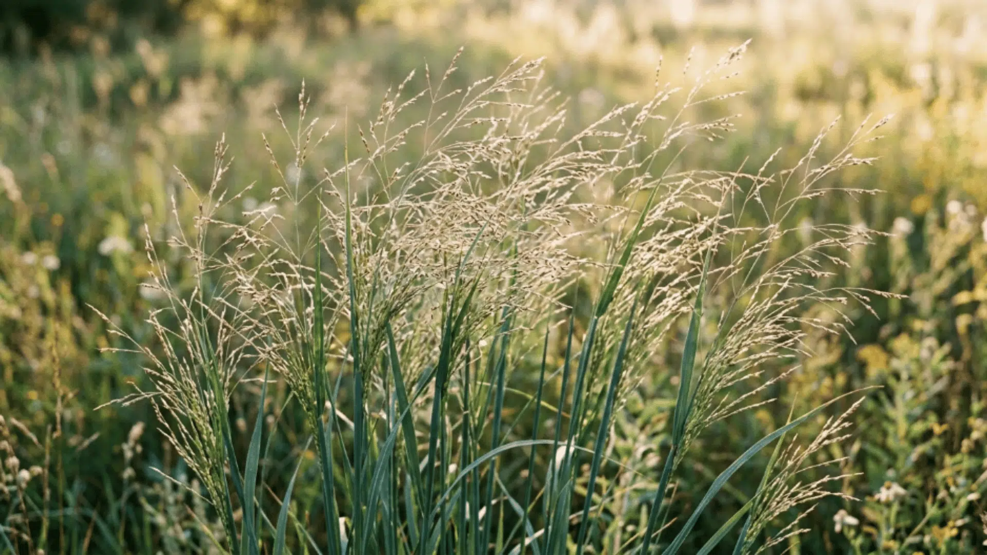switchgrass with upright stems and airy seed heads moving softly in sunlight