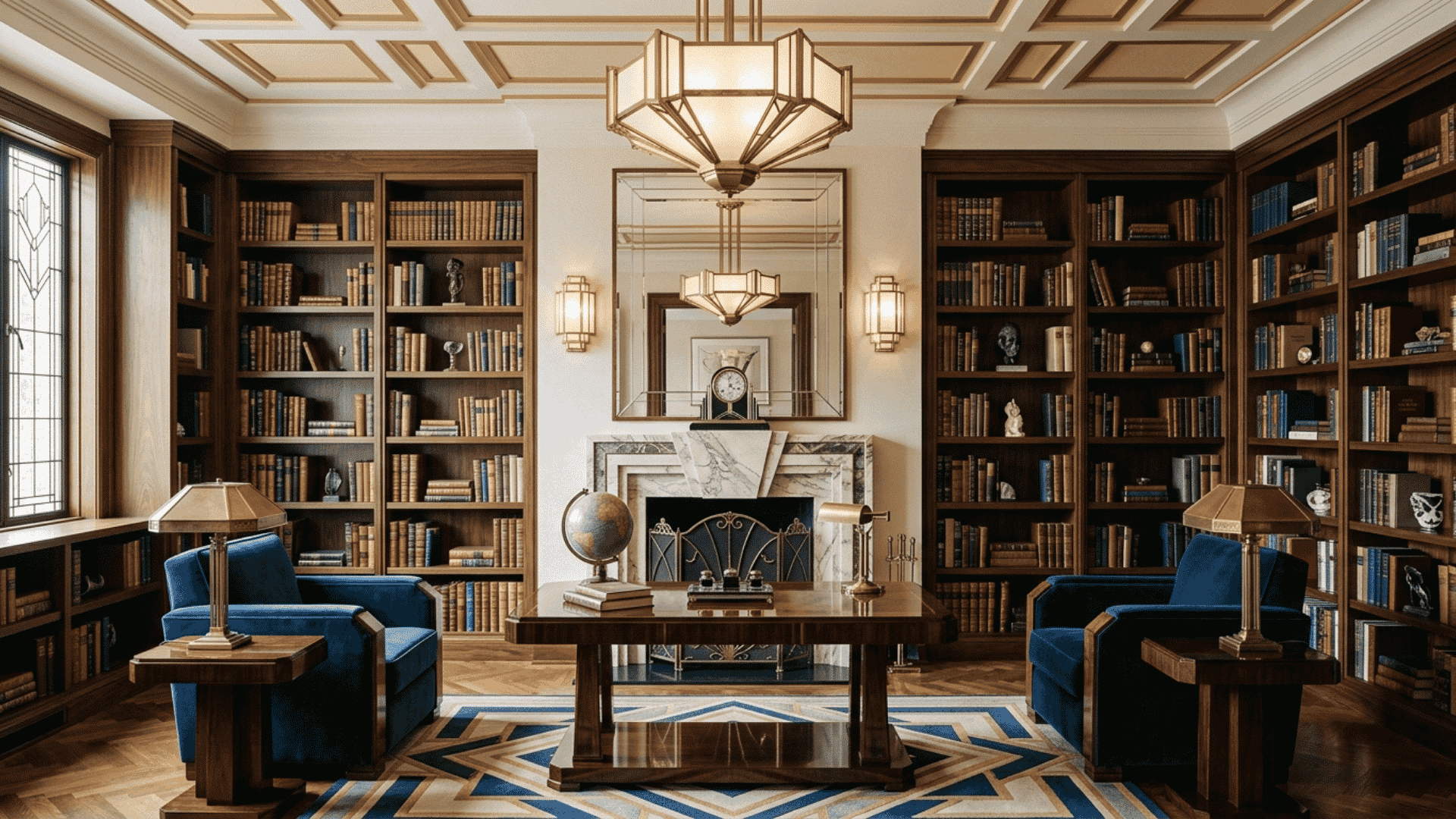 symmetrical library layout with bookshelves and seating in balanced art deco interior design room