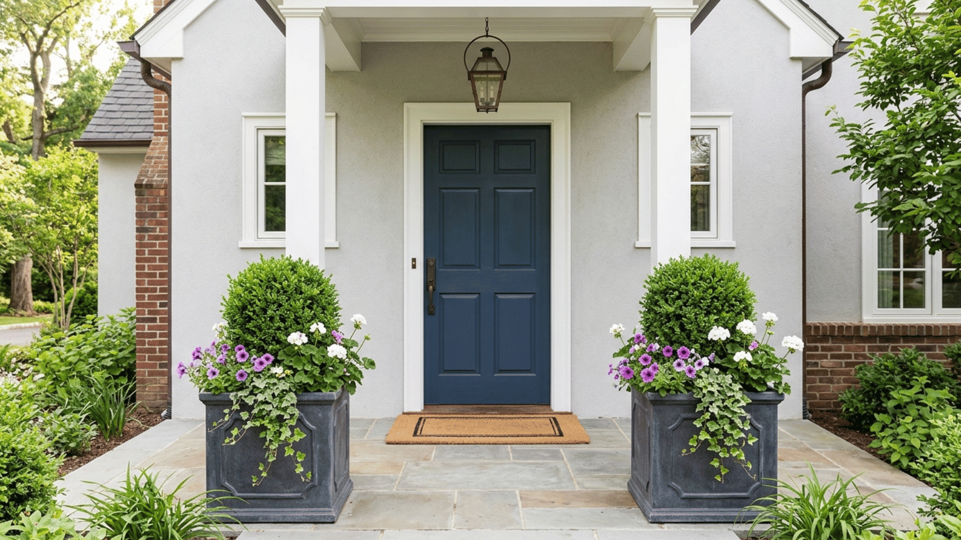 symmetrical planters with flowers at a modern blue front door entrance.