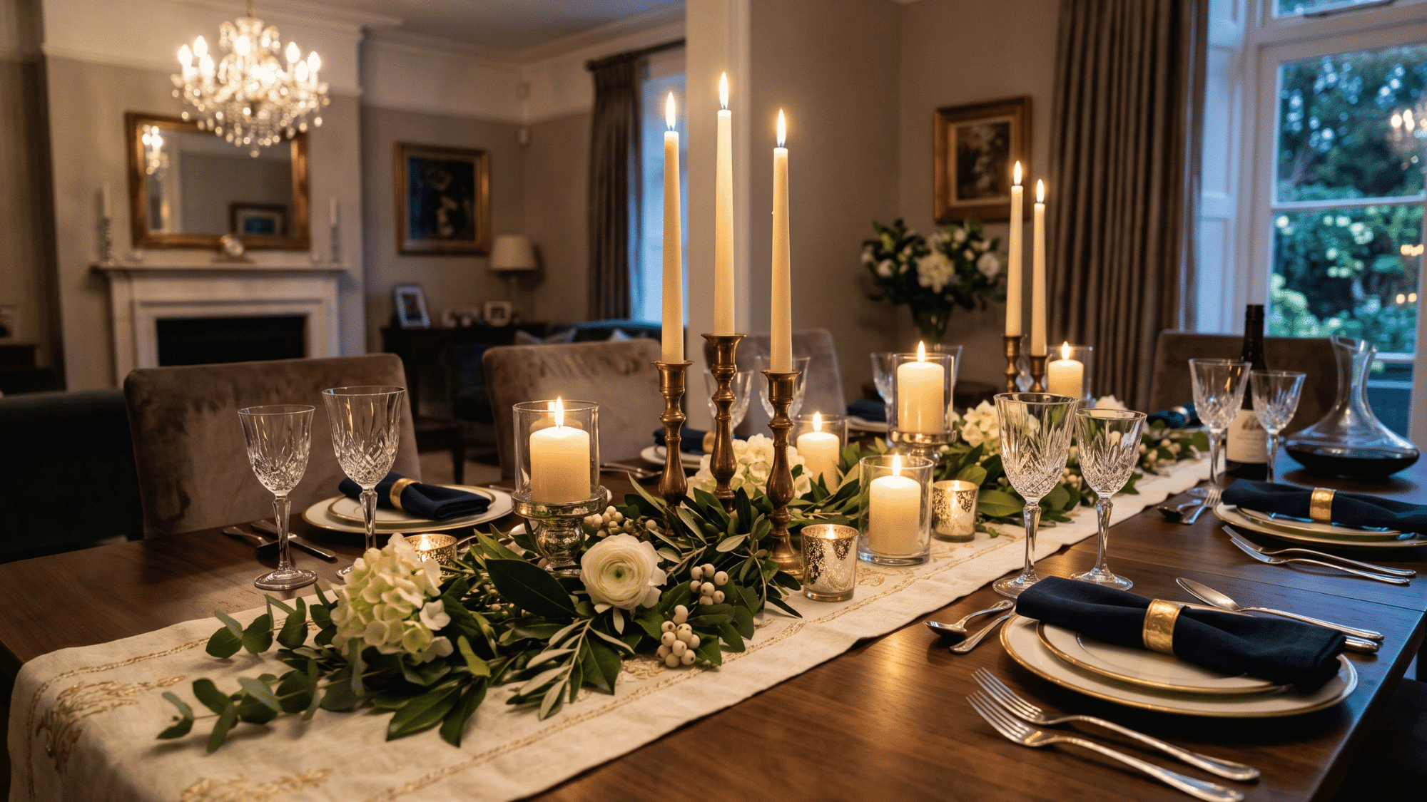 table runner with candles creating a simple and elegant dining centerpiece