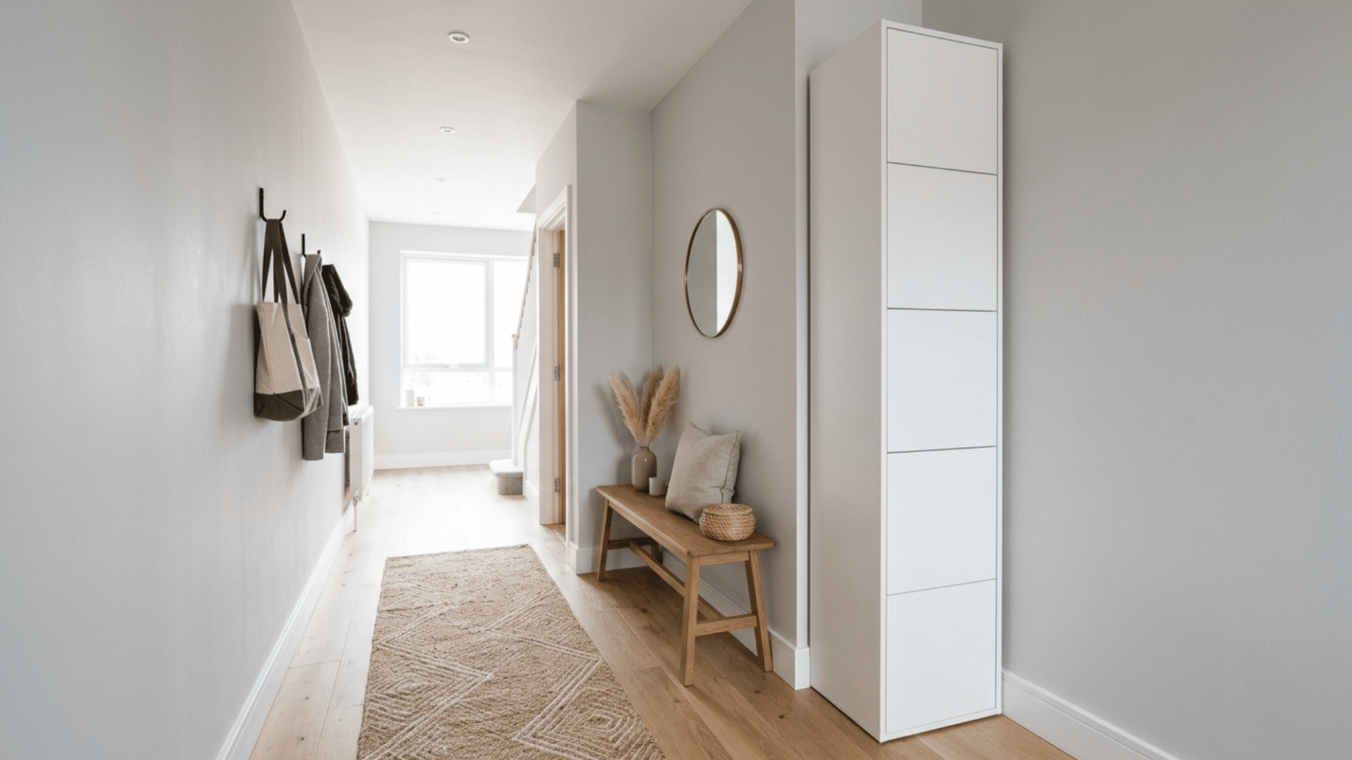 Tall cabinet in hallway providing hidden storage and clutter-free look