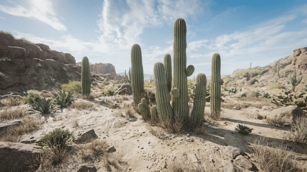 tall columnar cacti in sunny desert landscape with rocks, shrubs and blue sky
