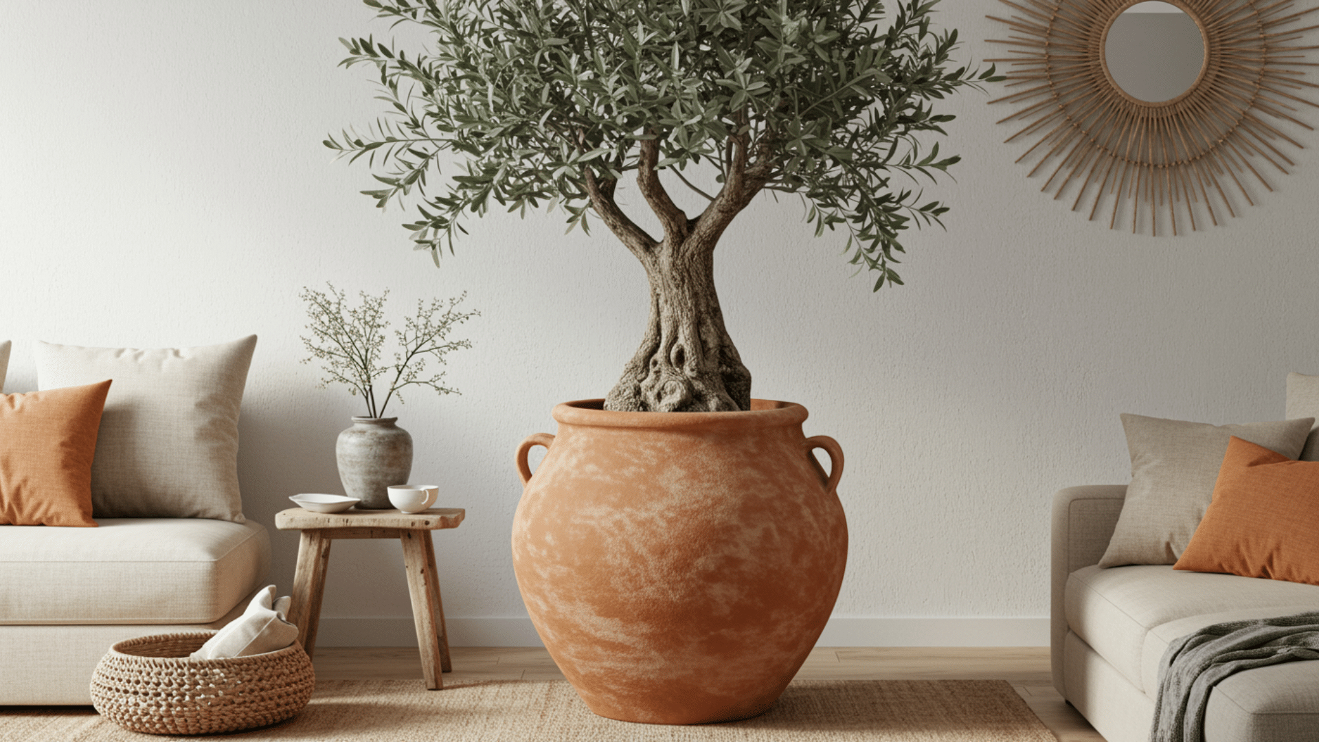 tall indoor olive tree, soft leafy shadows on wall beside cozy sofa with cushion in warm lit room