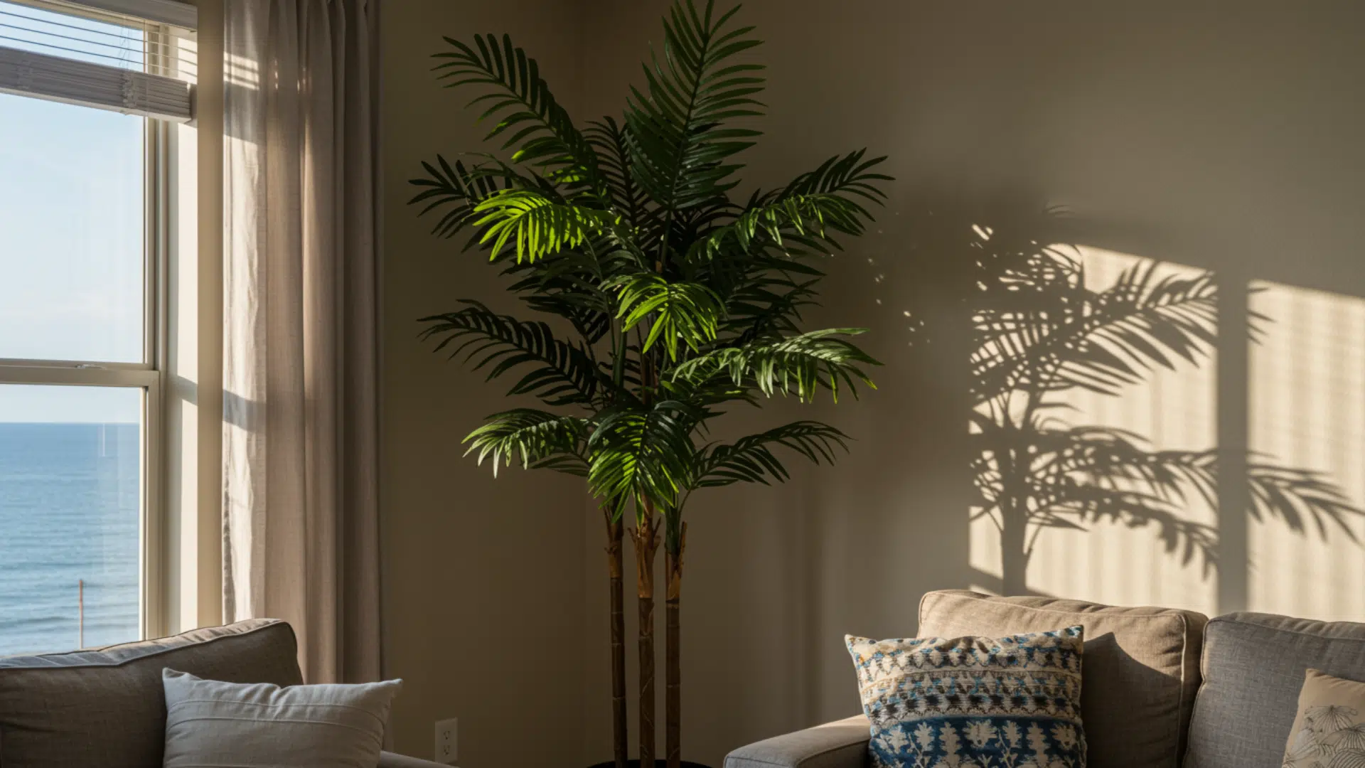 tall indoor palm plant near window casting detailed leaf shadows on wall beside neutral sofa with cushions and ocean view outside