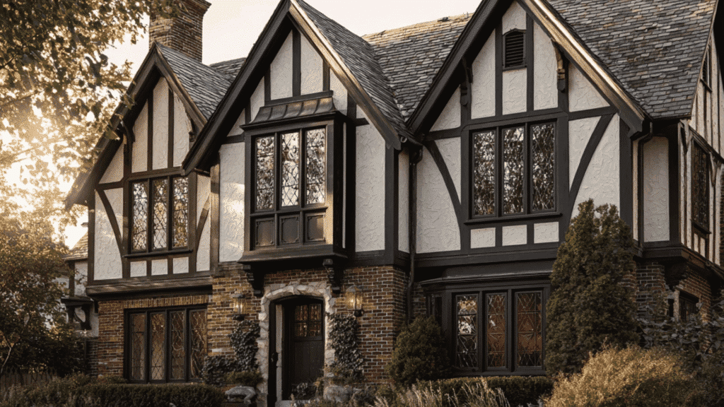 tall narrow multi pane windows on a tudor revival house exterior with classic detailing
