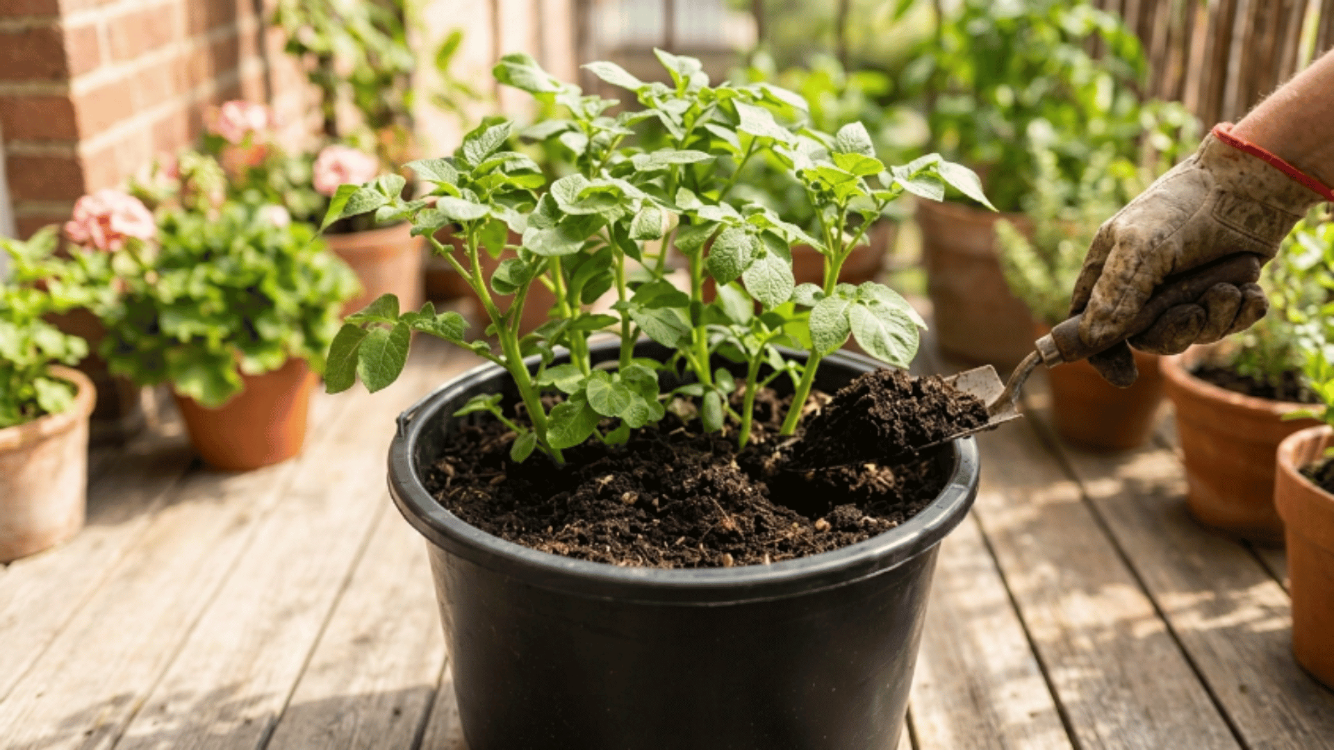 taller potato plant with soil added around stems showing hilling process