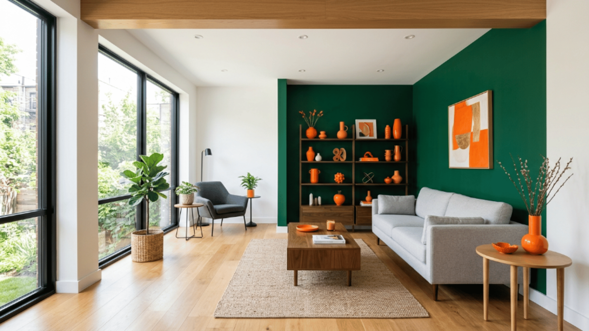 tangerine decor accents with emerald green wall in modern room with natural light and side view composition