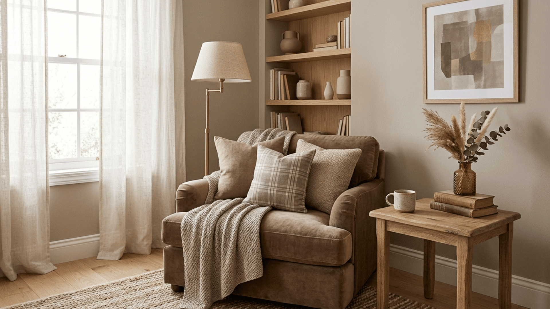 taupe and soft brown cozy corner with armchair, wood table, and decor.