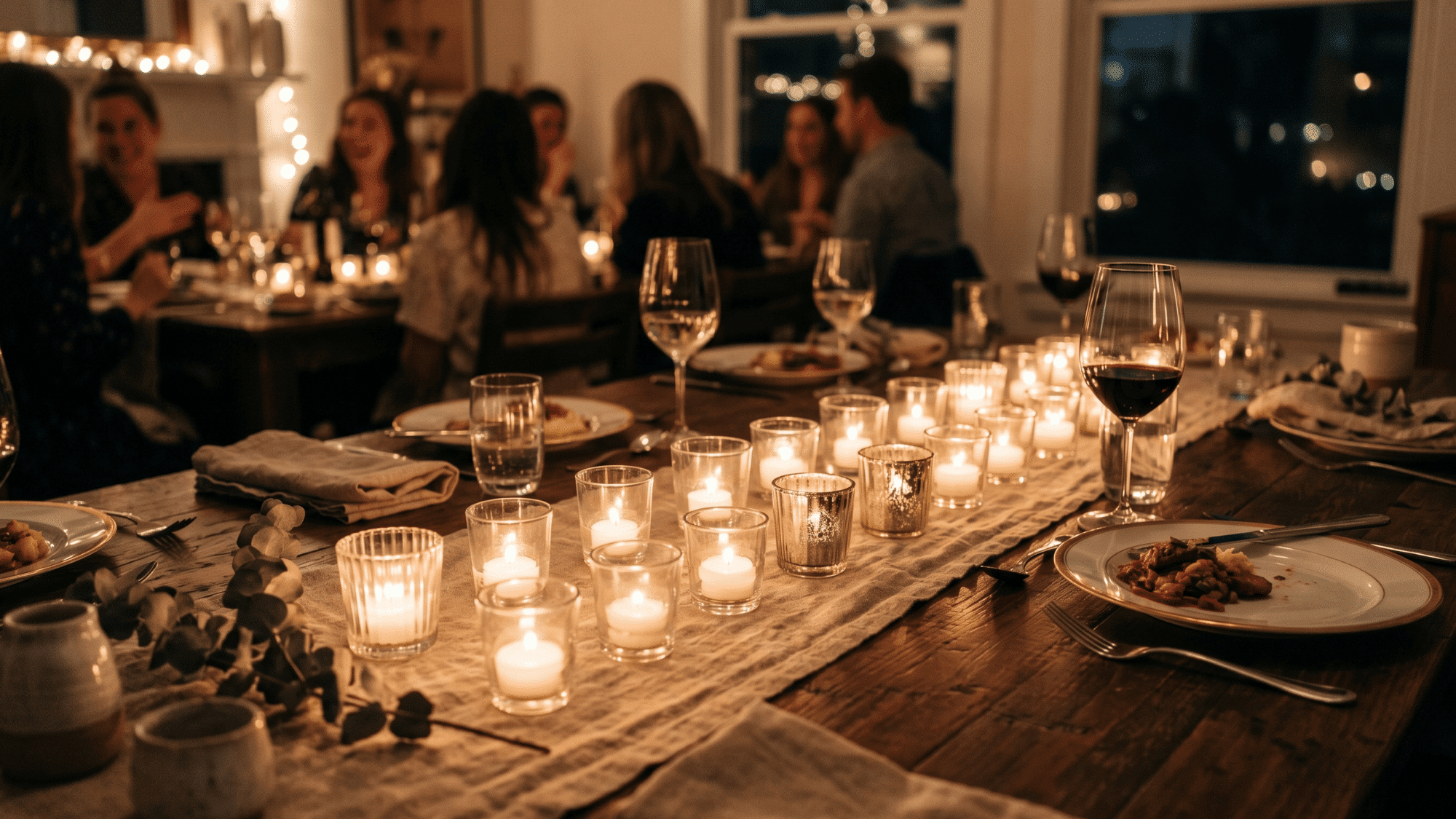 tea light candles arranged as a simple and elegant dining table centerpiece