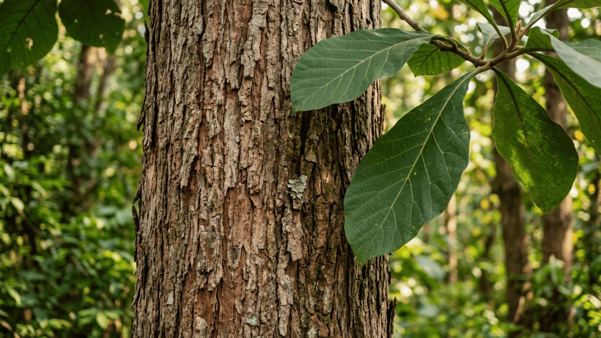 teak tree trunk with rough bark in a green rainforest setting.