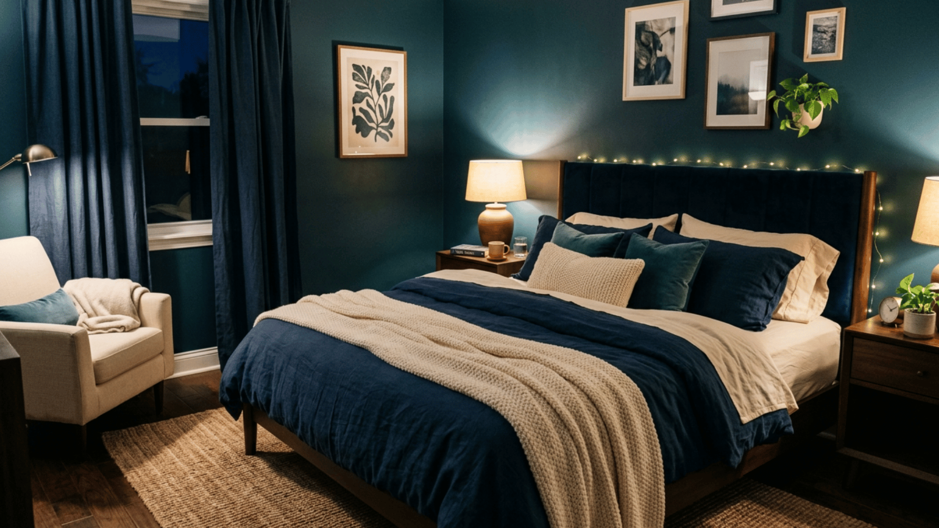 teal and blue bedroom with cream bedding and soft lighting
