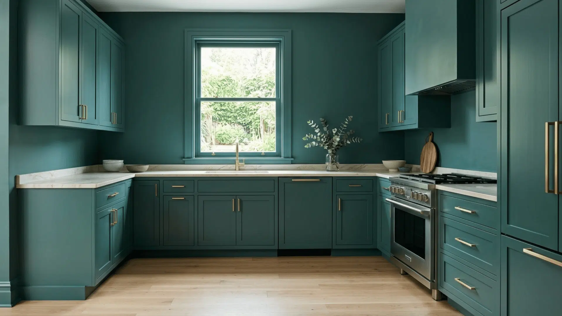 teal color drenched kitchen with matching cabinets, walls, and trim.