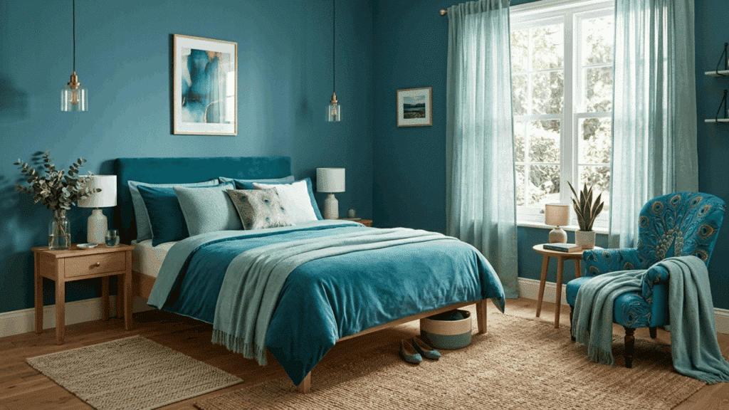 teal monochromatic bedroom with seafoam curtains, peacock chair, and soft lighting