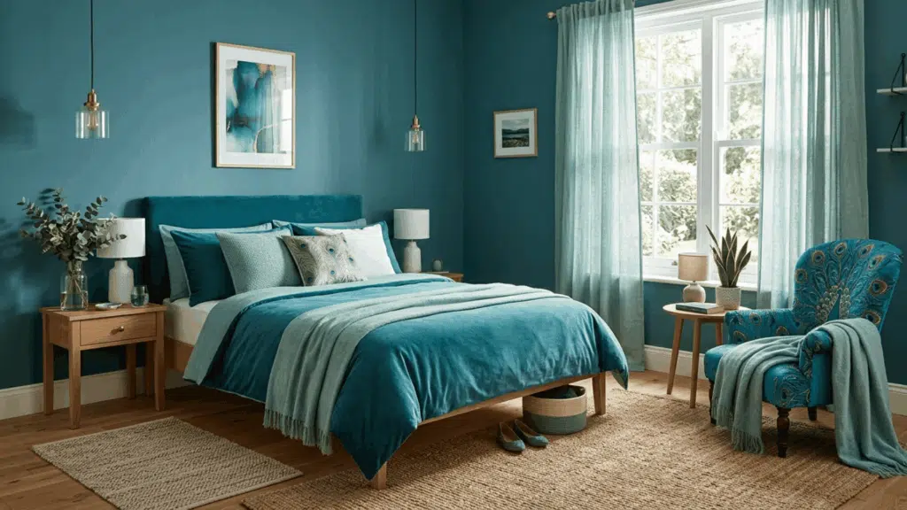 teal monochromatic bedroom with seafoam curtains, peacock chair, and soft lighting