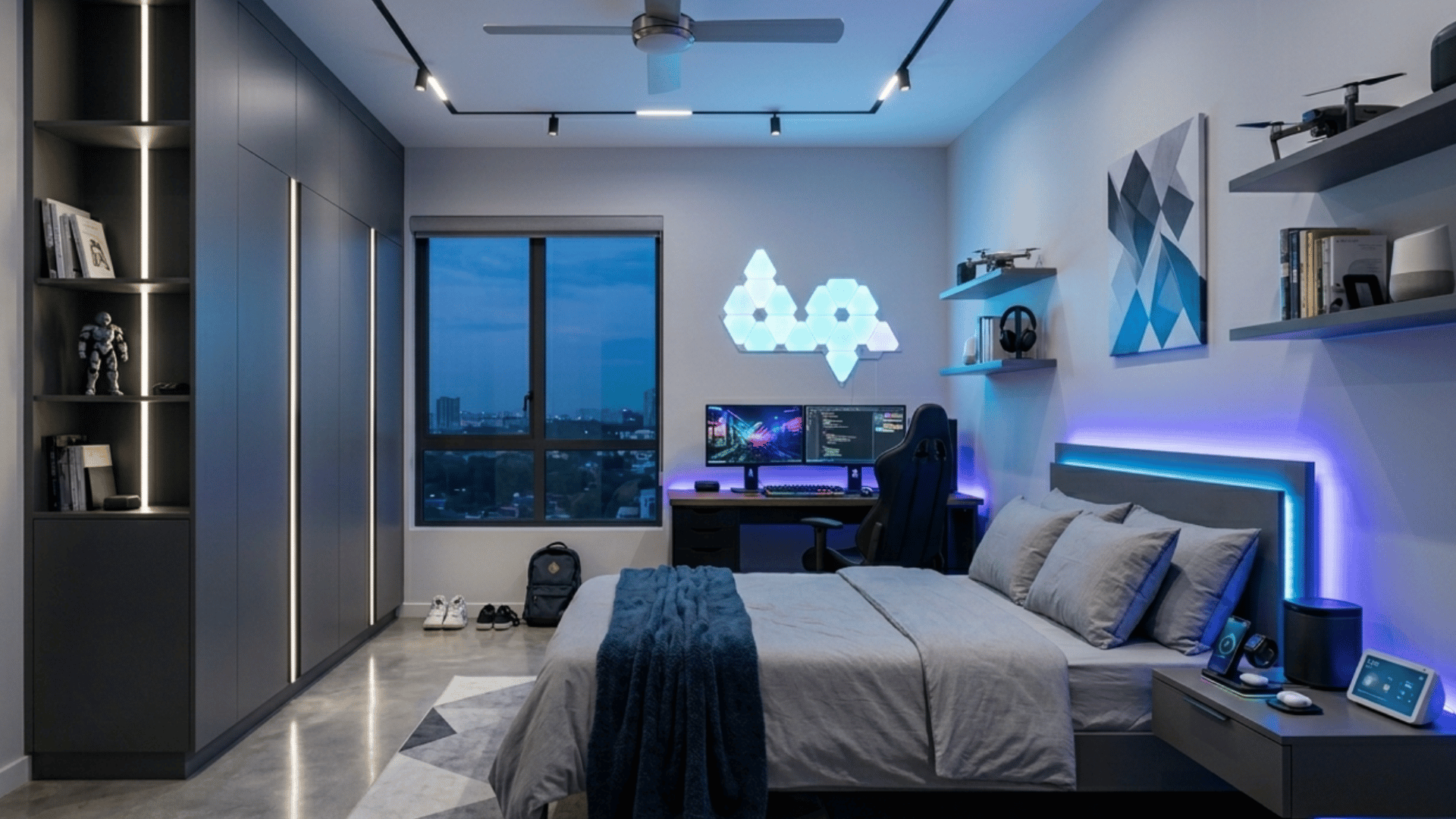 tech savvy teen bedroom with smart lights speakers and modern organized setup