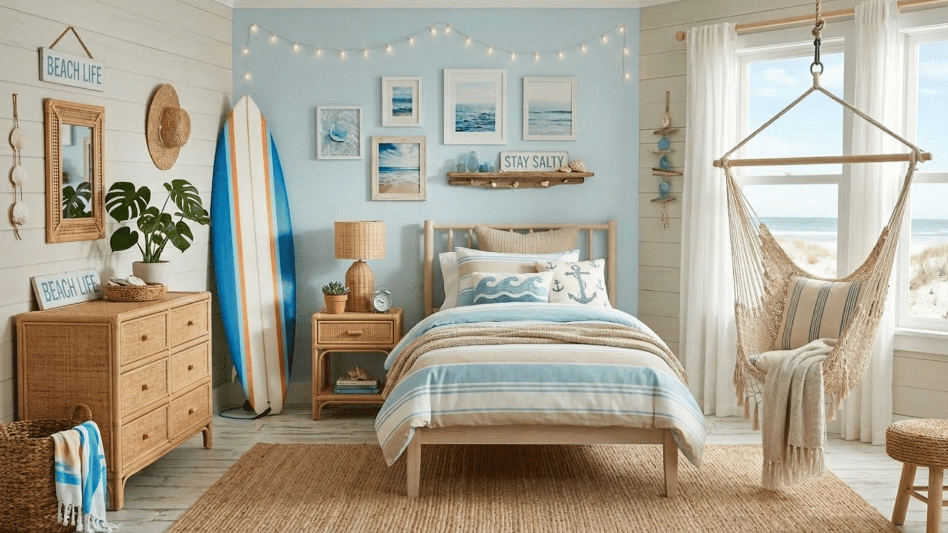 teen bedroom coastal theme with surfboard hammock chair and light tones