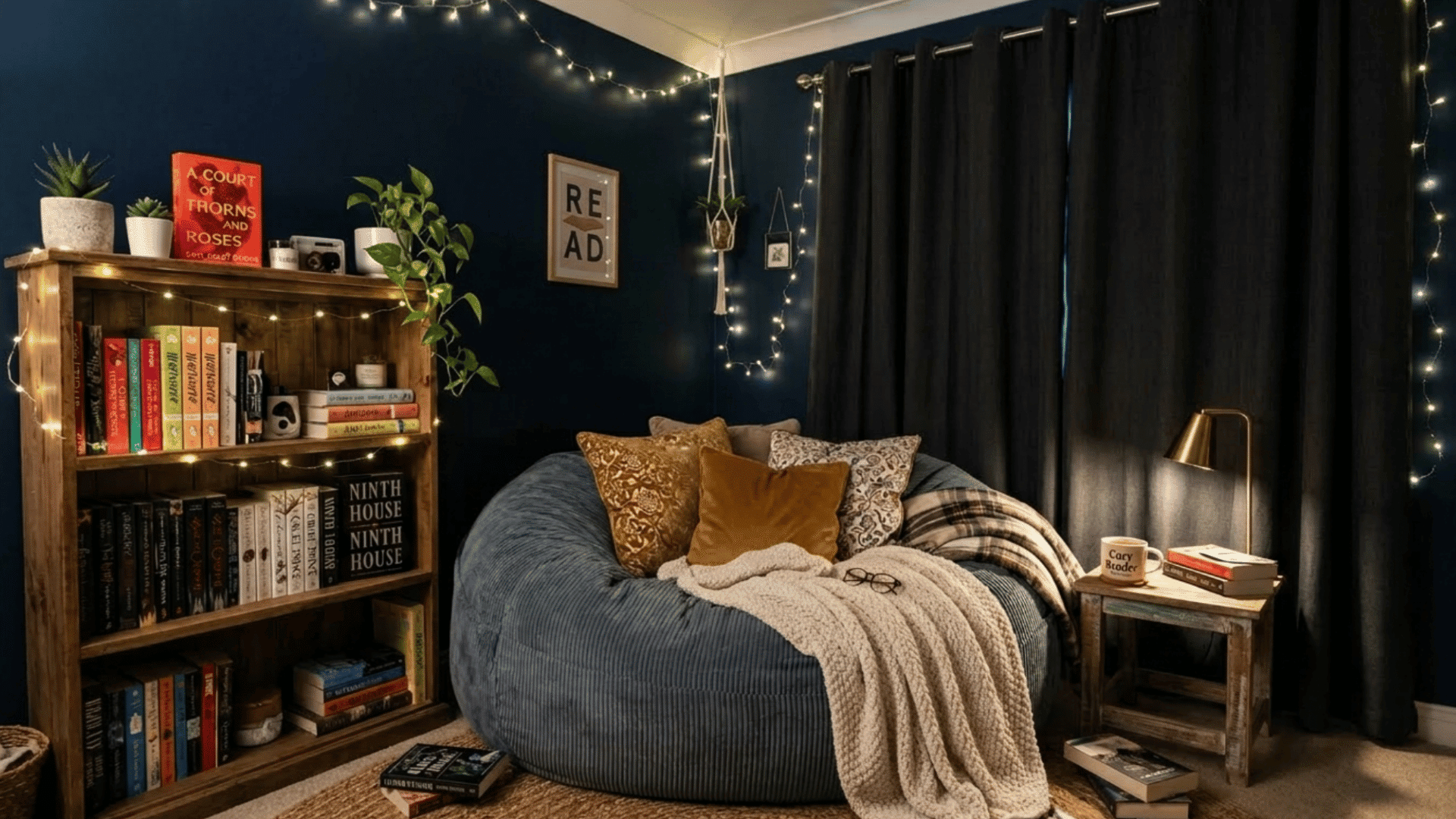 teen bedroom cozy reading nook with bean bag bookshelf and warm lights