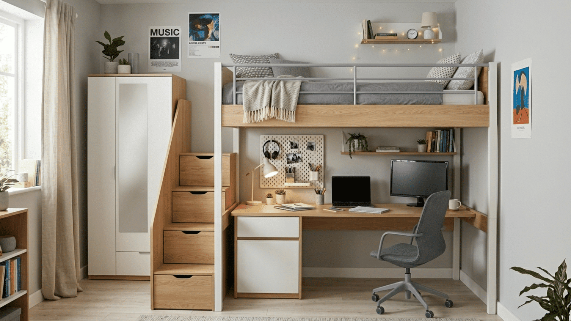 teen bedroom loft bed with workspace below and compact modern furniture