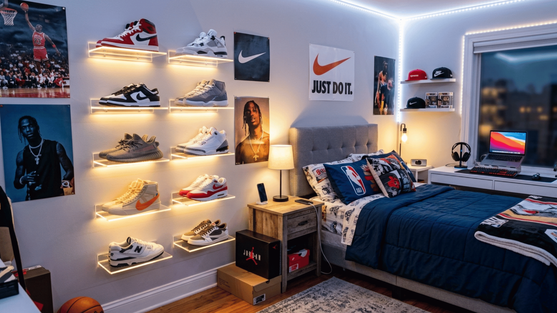 teen bedroom sneaker display with clear boxes and led lighting setup