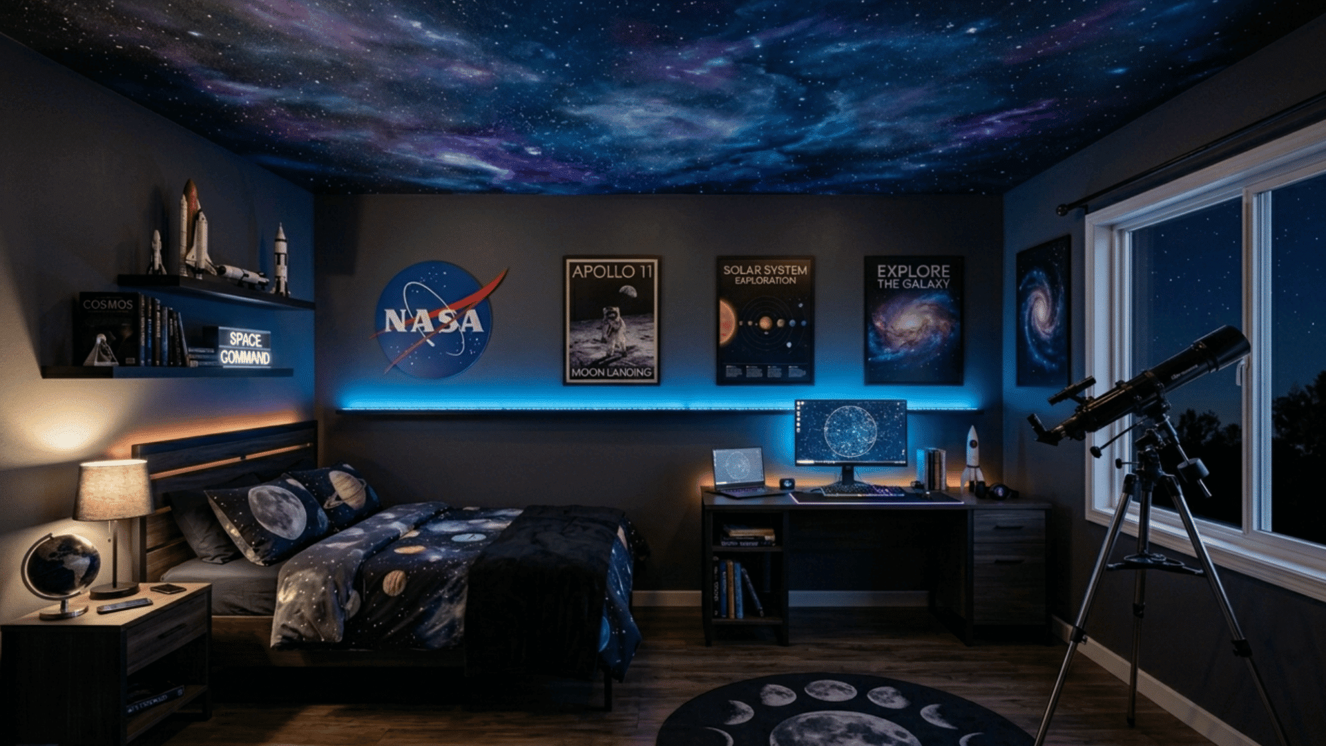 teen bedroom space theme with galaxy ceiling and telescope corner